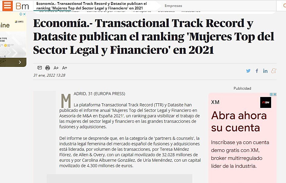 Economa.- Transactional Track Record y Datasite publican el ranking 'Mujeres Top del Sector Legal y Financiero' en 2021